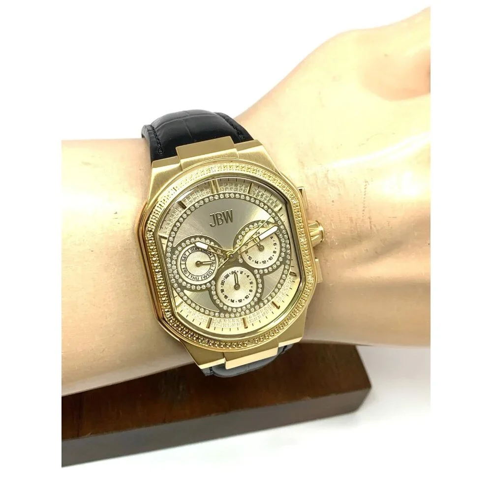 JBW Men's Watch J6408D Orion Quartz Diamond Accent Gold Dial Black Leather Strap